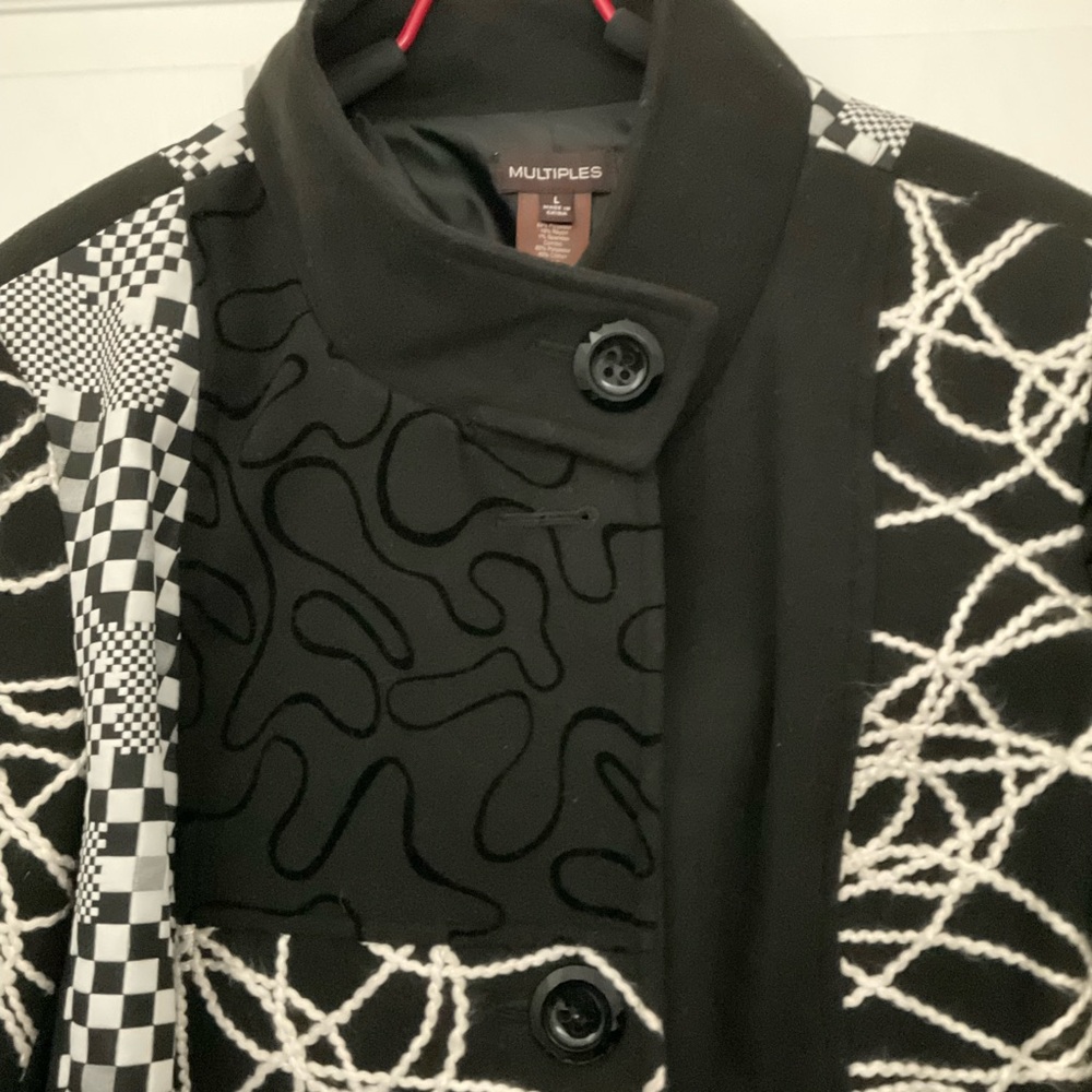 Black and White Patterned Mid Length Coat by Multiples